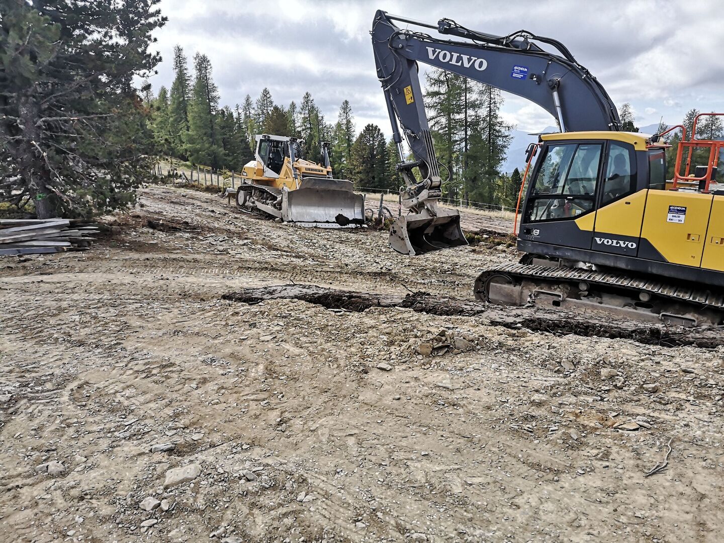 Ein gelber Bagger steht auf einem unbefestigten Weg, bereit für Baggerarbeiten.